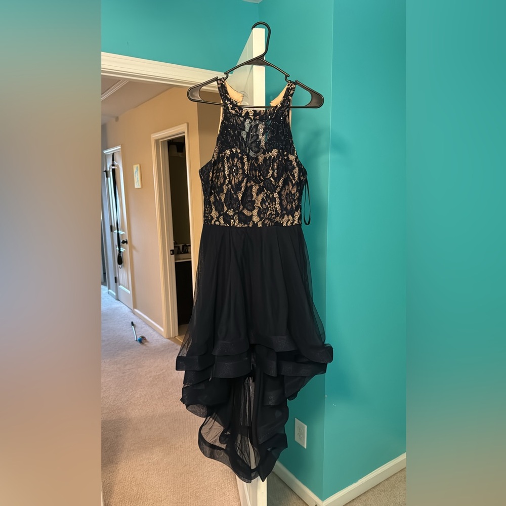 Blue high low dress with sparkly top, size 7
